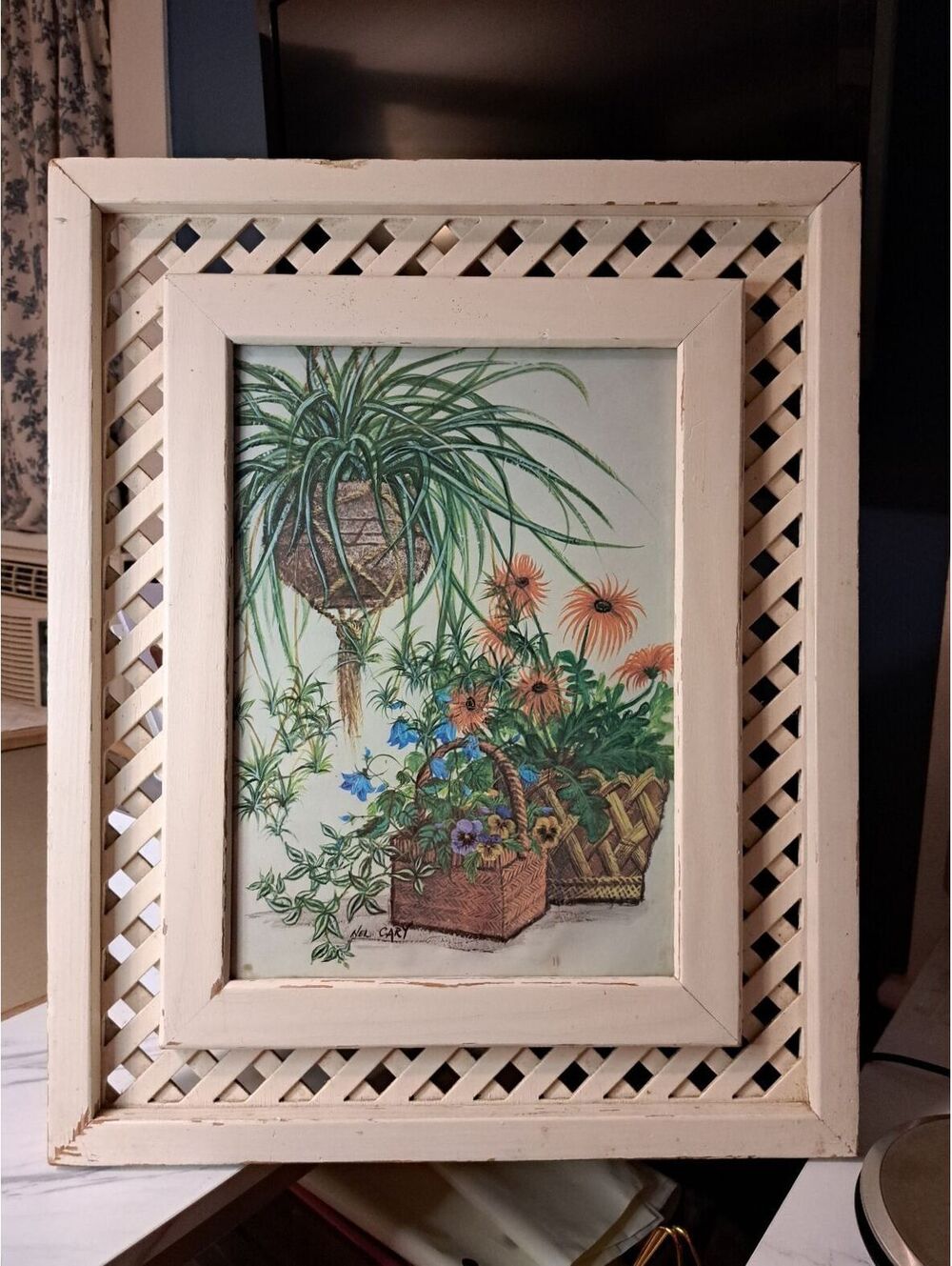 Vintage Boho Nel Cary Wooden Lattice Framed Botanical Print Art -17"x 21"